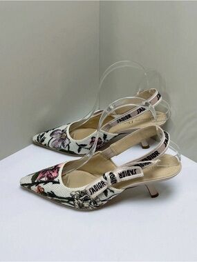 Dior White Floral Embroidered J'Adior Slingback Pumps